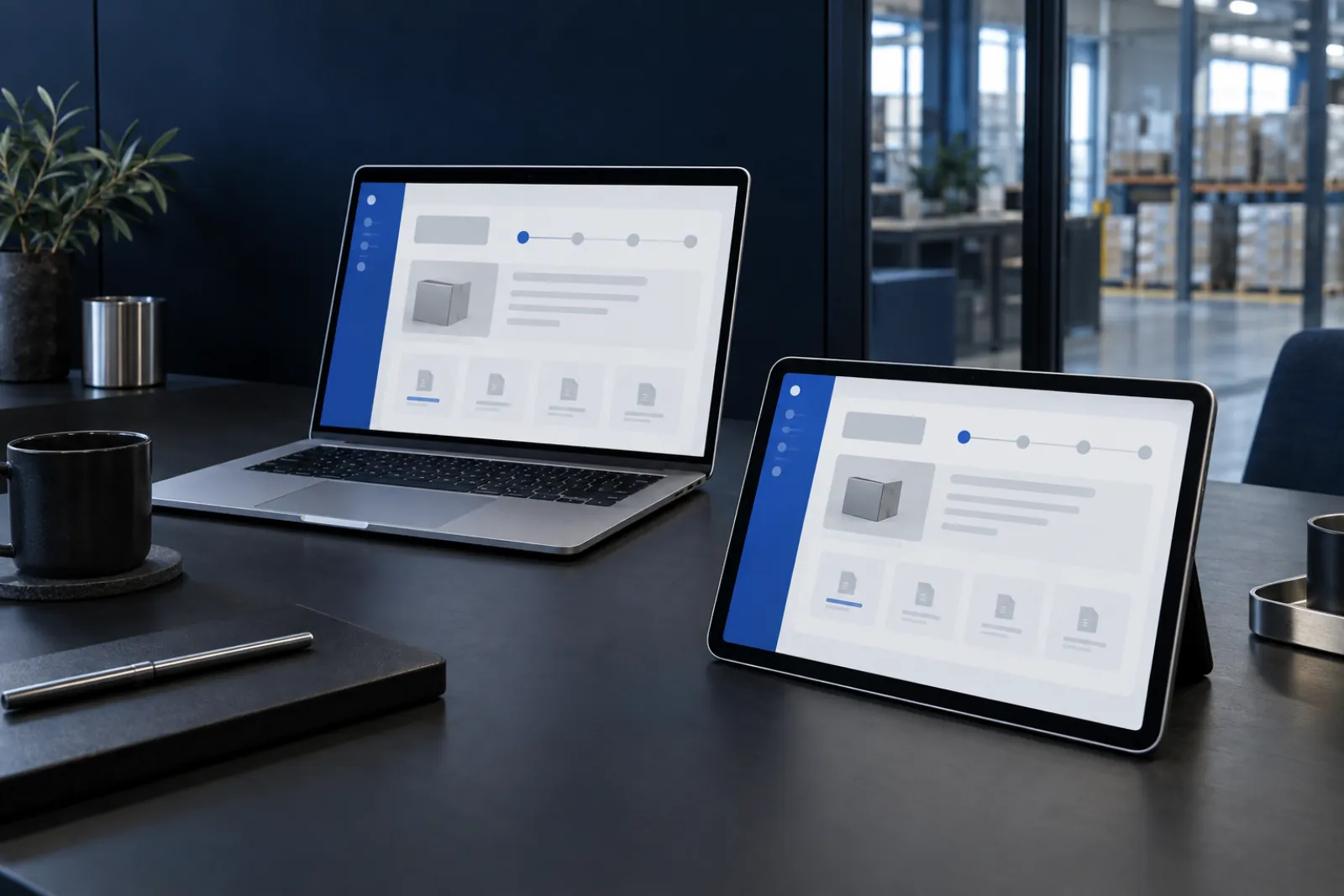 Conceptual illustration of a B2B portal with orders, documents and customer service statuses