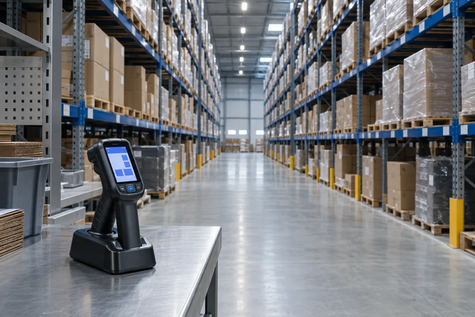Conceptual illustration of warehouse locations and a handheld terminal for managing stock batches